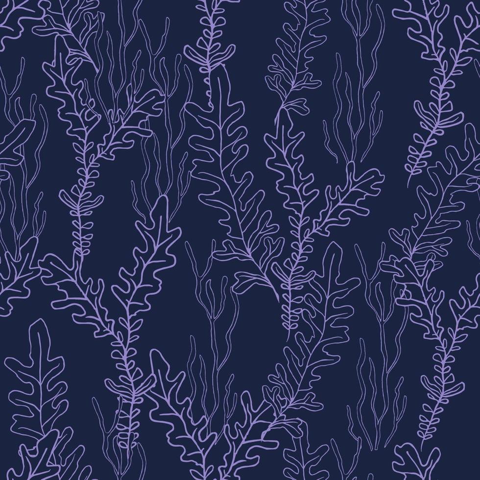 Seamless vector pattern with outline seaweeds on deep blue background. Hand-drawn sketch. Line art. Good print for wrapping paper, textile, packaging design