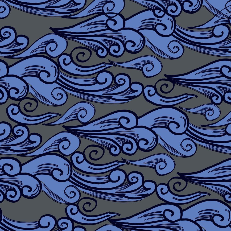 Seamless vector pattern with hand-drawn waves in Japanese minimalist style. Blue silhouettes on gray background. Good design for packaging design, wrapping paper, textile, and all overprints