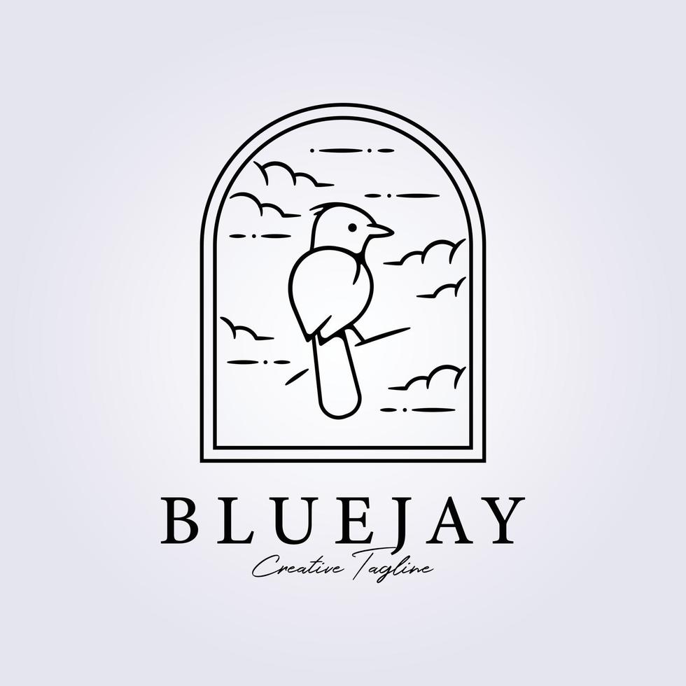 bluejay bird perch in badge sky background logo vector illustration design