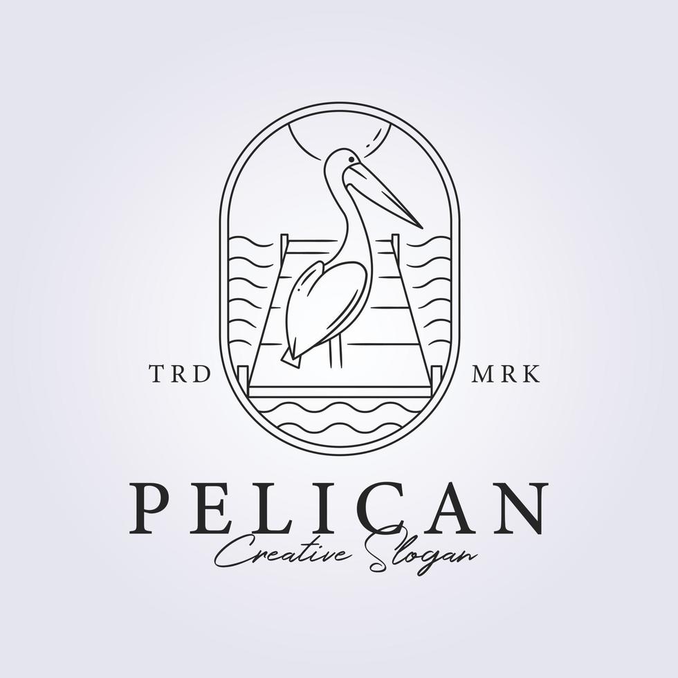a pelican standing in beach bridge in line art logo vector illustration design, badge insignia logo