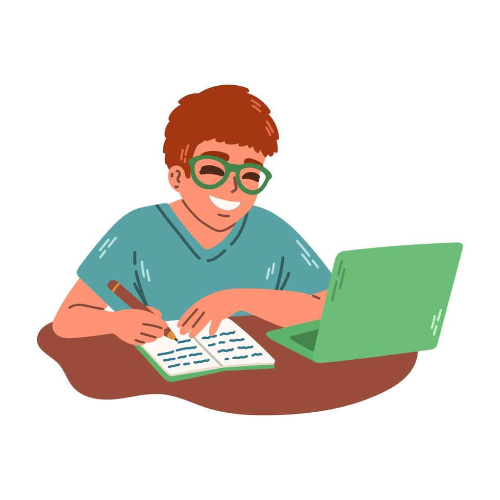 joven con anteojos sentado en una mesa y escribiendo en un cuaderno, estudiando con una laptop. ilustración plana del concepto de aprendizaje electrónico y tutorial. vector