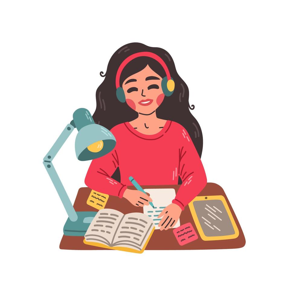 Young girl sitting at a table and writing in notebook. Flat illustration of e learning and tutorial concept. Vector illustration