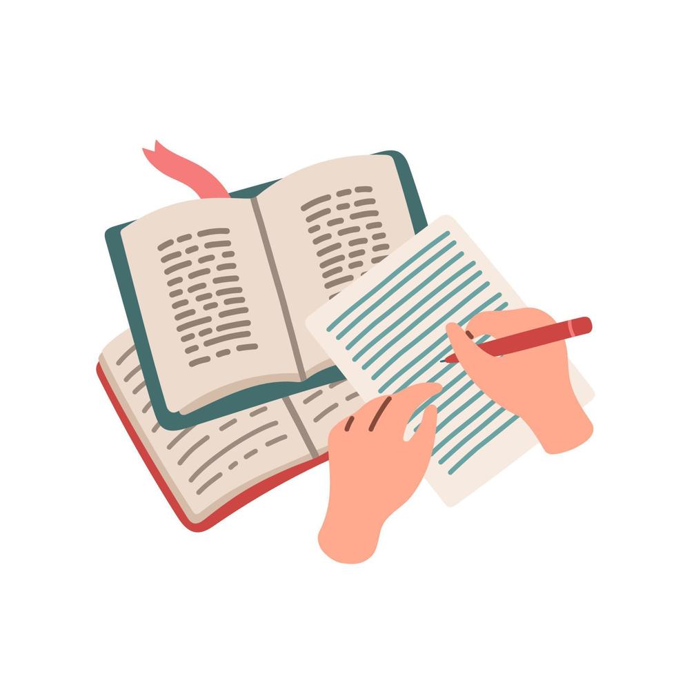 Top view of hands are writing in a notebook with opened books. Studying, doing homework. Flat design vector illustration