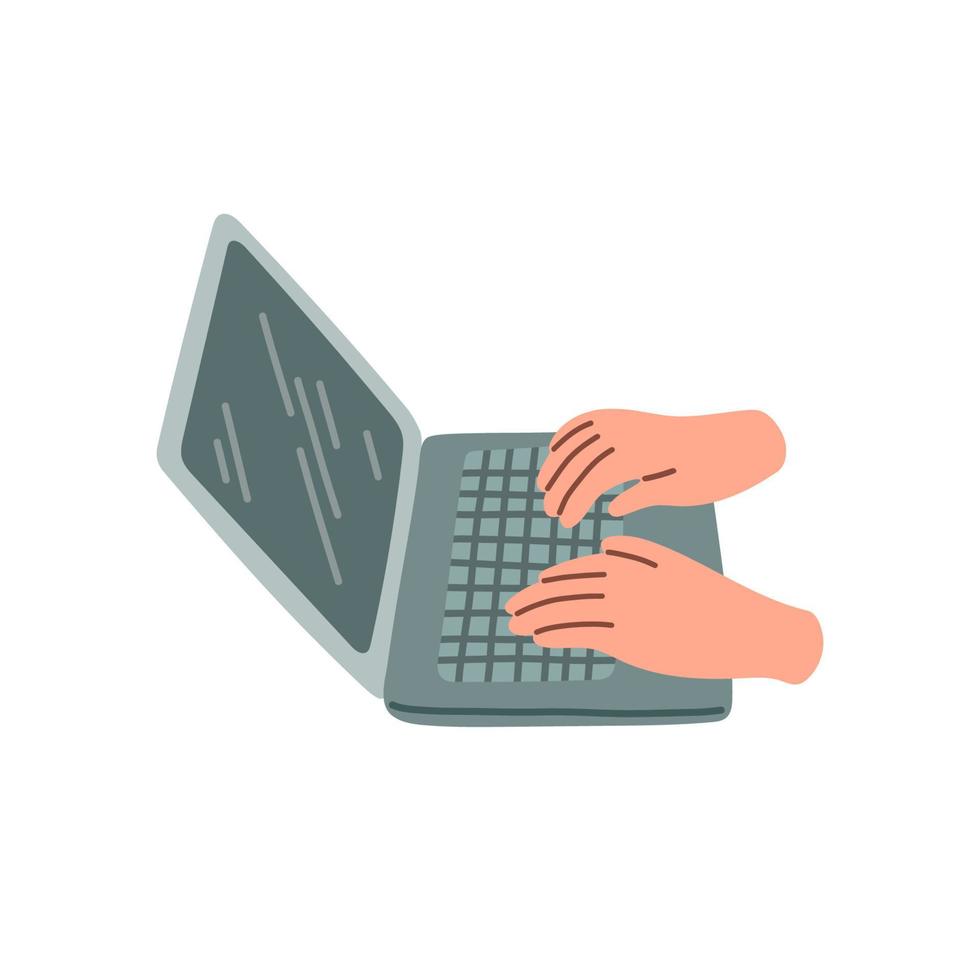 Hands in work at laptop keyboard with blank monitor screen. Work place at home. Vector illustration. EPS 10