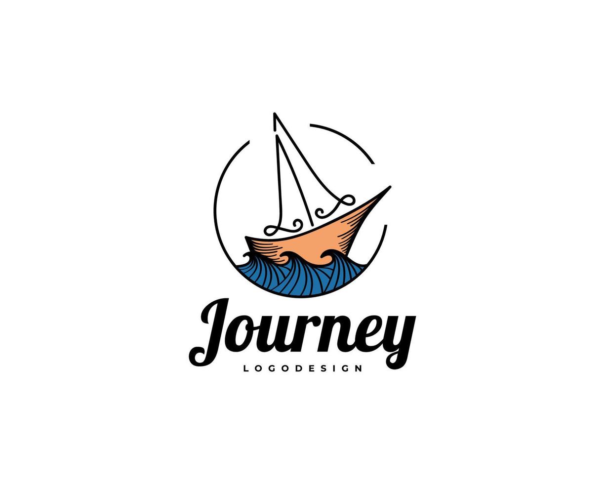 Vintage Sailboat Logo Design with Line Art Style. Sailboat with Blue Wave Illustration for Logo Business Identity vector