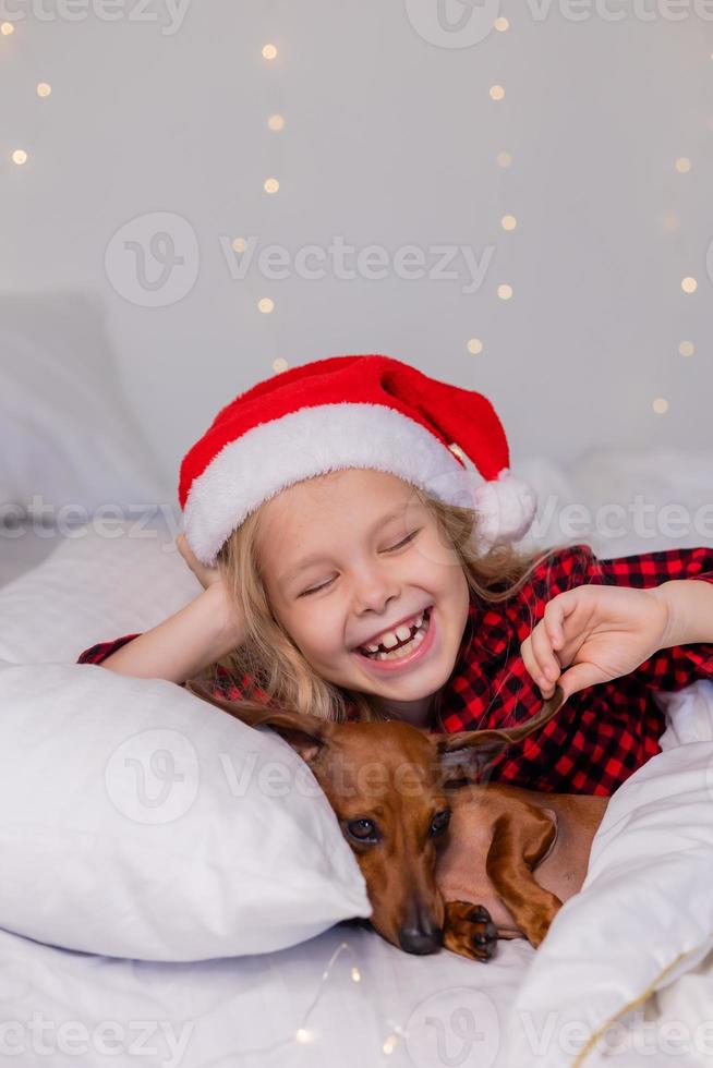 little girl sleeps in bed with a dachshund dog for Christmas photo