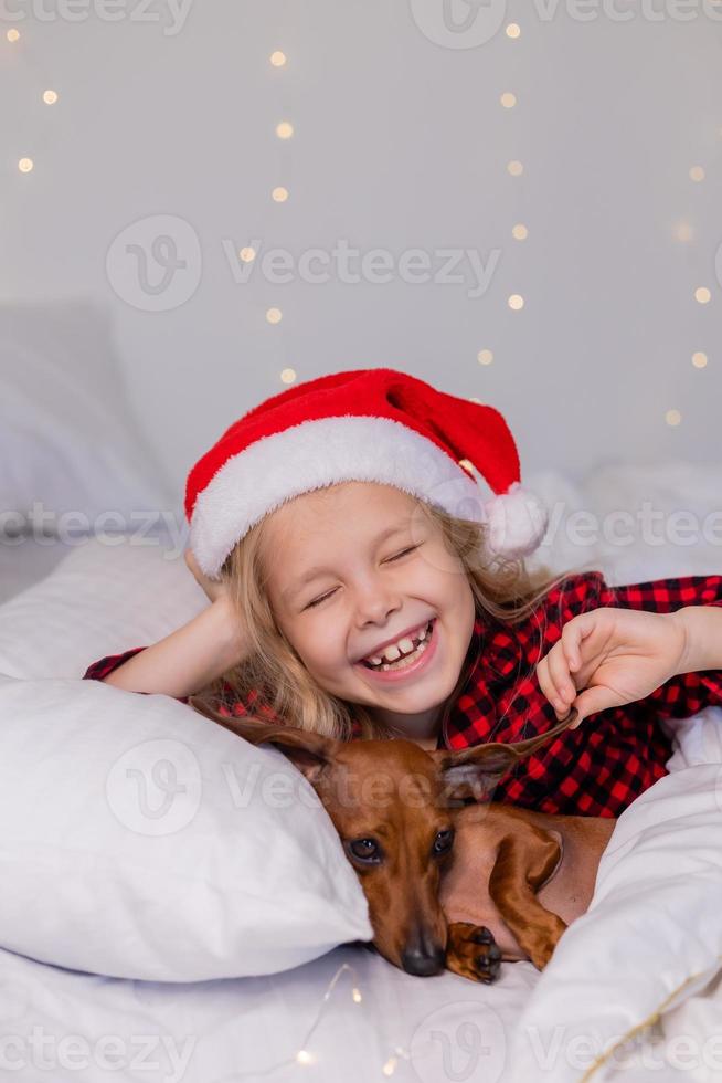 little girl sleeps in bed with a dachshund dog for Christmas photo