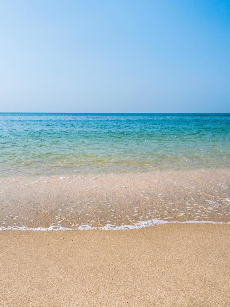 Vertical front view landscape Blue sea blue beach brown background morning day look calm summer Nature tropical sea Beautiful  sea water travel Bangsaen Beach East thailand Chonburi Exotic horizon. photo