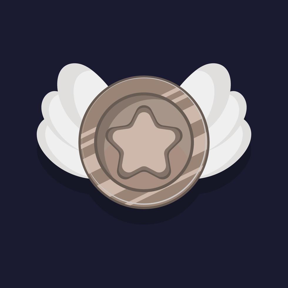 insignia de logro del juego o caricatura de icono de rango. premio de plata o recompensa de medalla. subir de nivel la moneda con la estrella y el elemento para el activo de la interfaz de usuario. Ilustración de vector de símbolo de trofeo