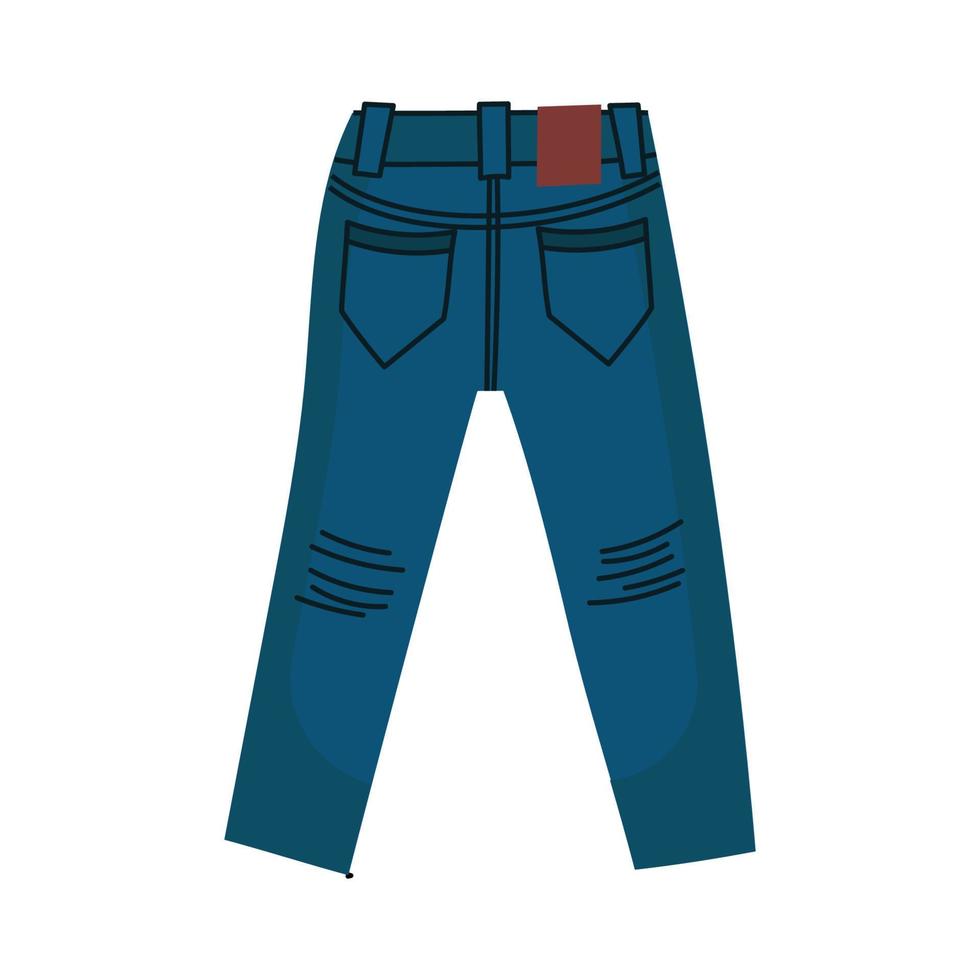 Denim pants jeans . Fashionable clothes for men. Casual blue textile apparel and attire factory trousers with patches and pocket. Fashion vector illustration concept