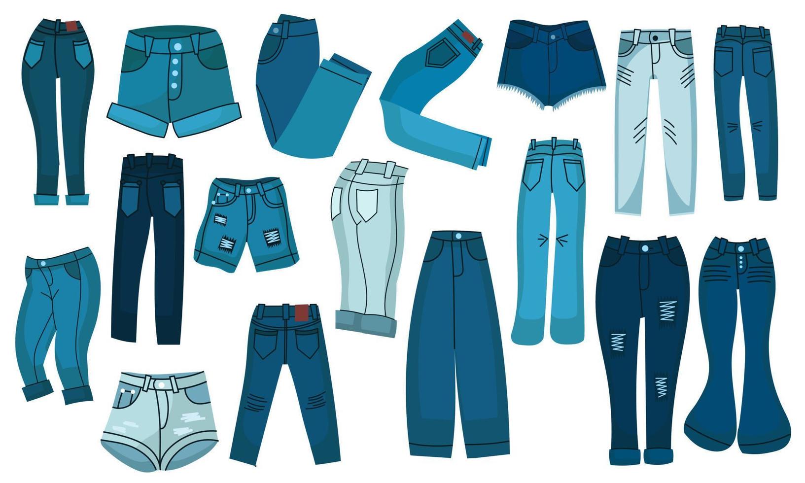 Denim pants and jeans shorts. Set fashionable clothes for men and women. Casual blue textile apparel and attire factory trousers with patches and pocket. Fashion collection vector illustration concept