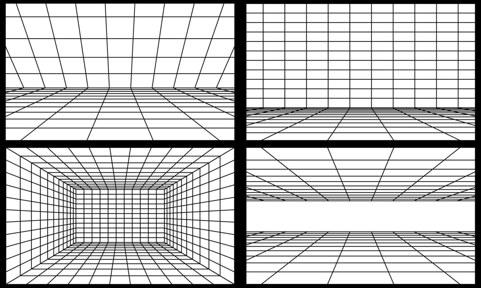 Perspective room with black grid. Set 3D linear floor and empty interior dimension. Virtual studio wireframe design collection. Simple cyber space frame and geometric square wire vector illustration