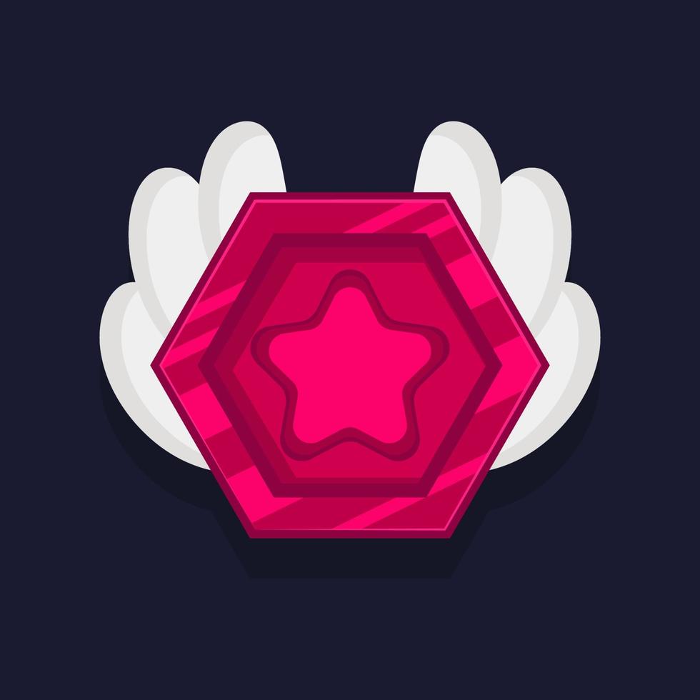 Game achievement badge or rank icon cartoon. Red award or medal reward. Level up coin with star and element for ui asset. Trophy symbol vector illustration