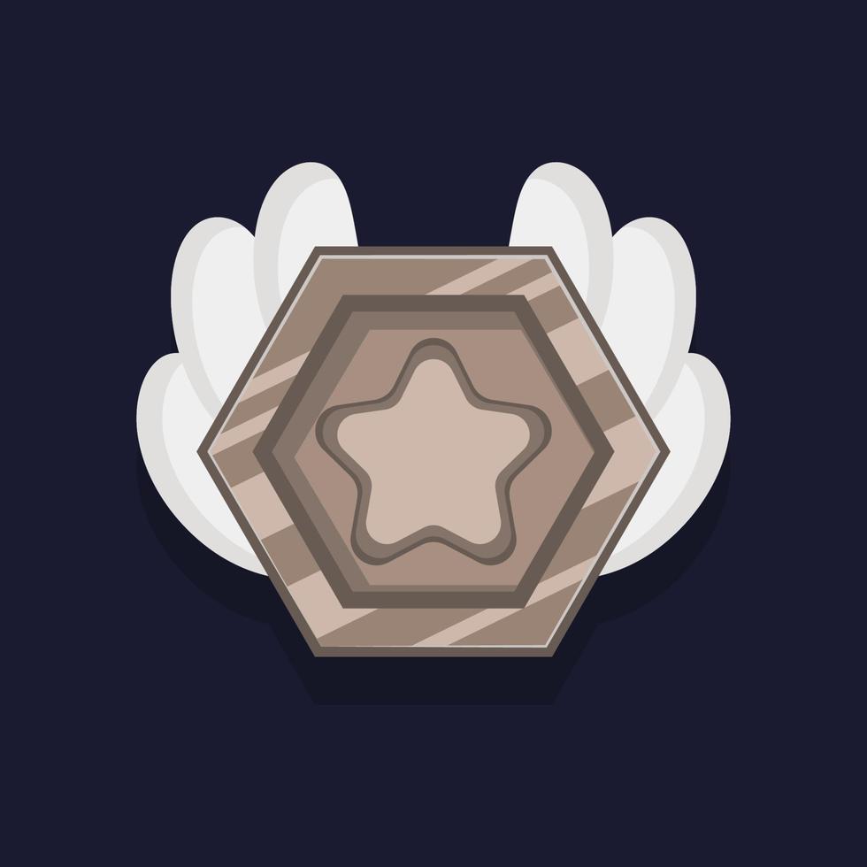 Game achievement badge or rank icon cartoon. Silver award or medal reward. Level up coin with star and element for ui asset. Trophy symbol vector illustration