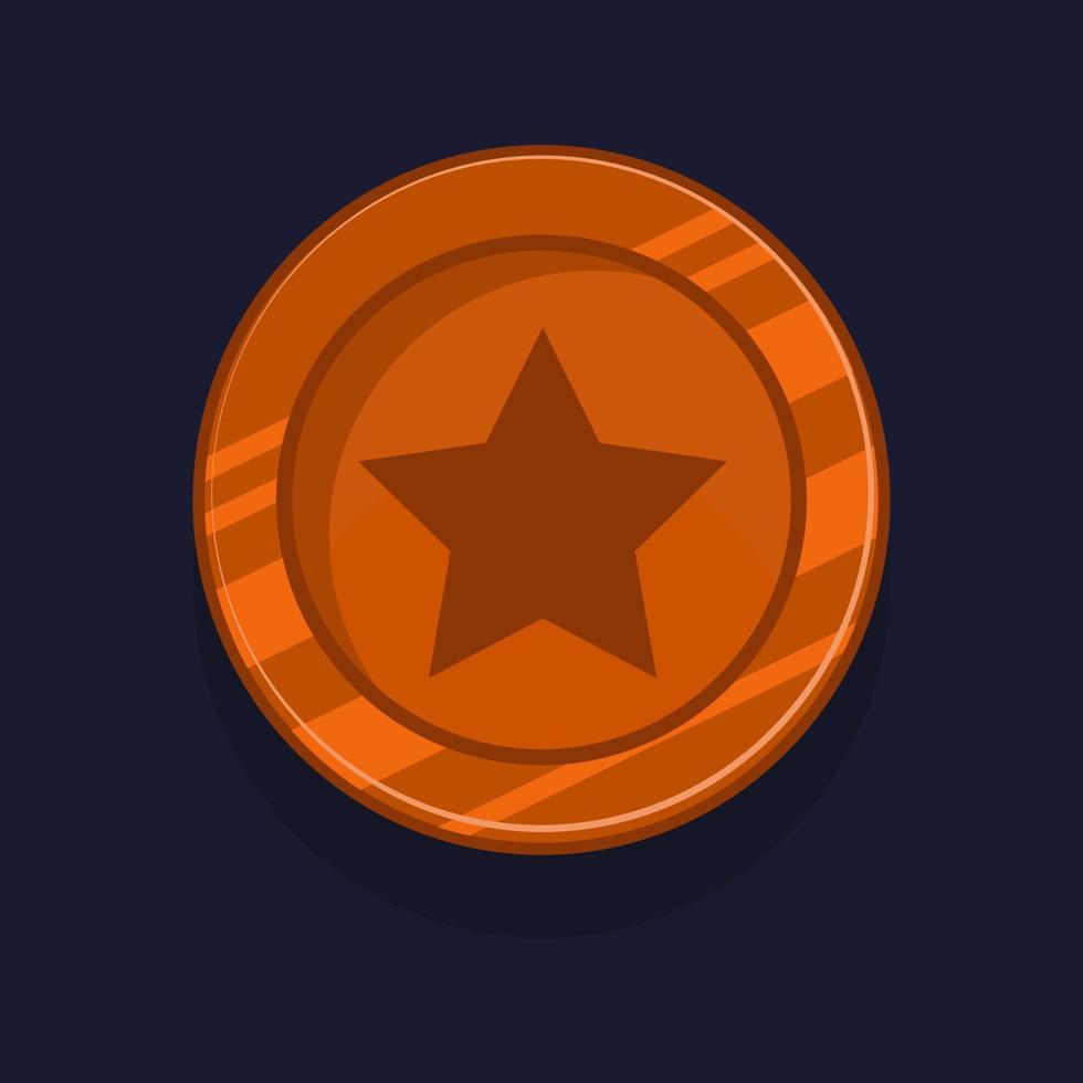 Game achievement badge or rank icon cartoon. Bronze award or medal reward. Level up coin with star and element for ui asset. Trophy symbol vector illustration