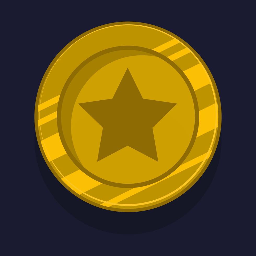 insignia de logro del juego o caricatura de icono de rango. premio de oro o recompensa de medalla. subir de nivel la moneda con la estrella y el elemento para el activo de la interfaz de usuario. Ilustración de vector de símbolo de trofeo