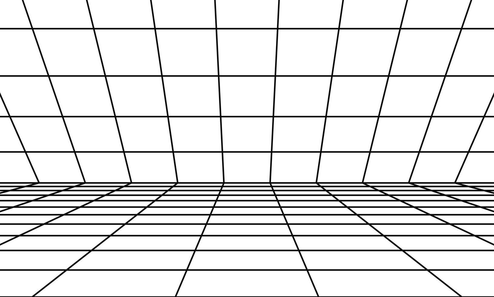 Perspective room with black grid. 3D linear floor and empty interior dimension. Virtual studio wireframe design . Simple cyber space frame and geometric square wire vector illustration