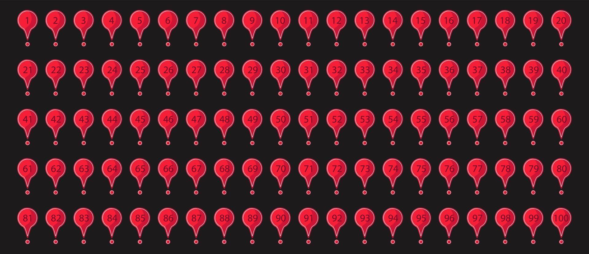 Set bullet item from 1 to 100 icon. Collection graphic marker with numbers. Step by step elements and pointer button. Business list option and infographic presentation. Simple tag vector illustration