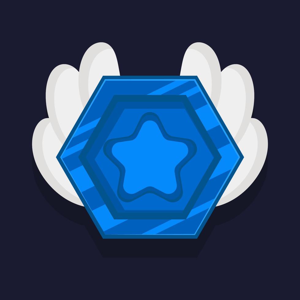 Game achievement badge or rank icon cartoon. Blue award or medal reward. Level up coin with star and element for ui asset. Trophy symbol vector illustration