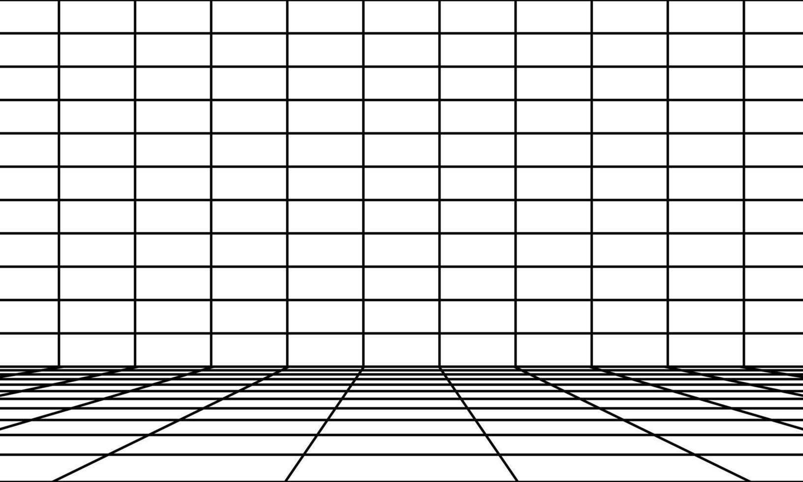 Perspective room with black grid. 3D linear floor and empty interior dimension. Virtual studio wireframe design . Simple cyber space frame and geometric square wire vector illustration