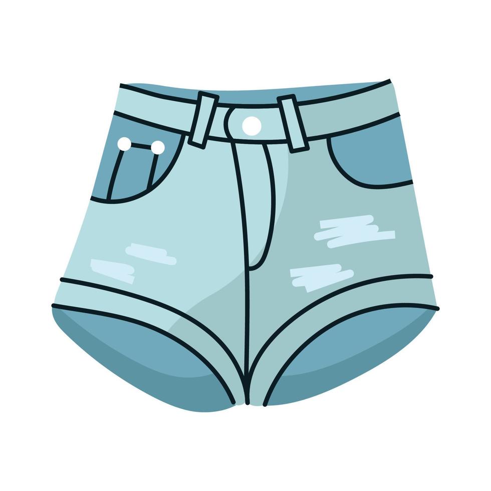 Denim shorts jeans . Fashionable clothes for women. Casual blue textile apparel and attire factory trousers with patches and pocket. Fashion vector illustration concept