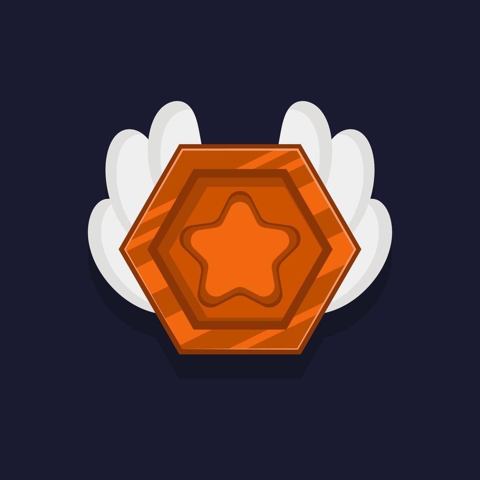 Game achievement badge or rank icon cartoon. Bronze award or medal reward. Level up coin with star and element for ui asset. Trophy symbol vector illustration