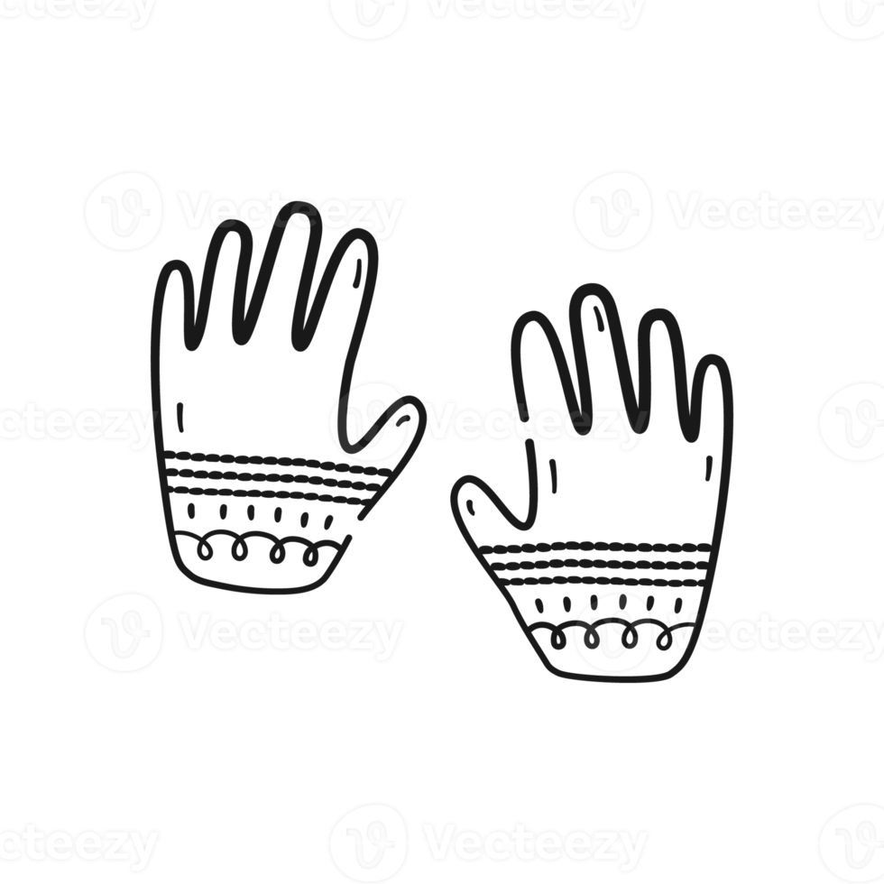 Winter and autumn gloves. Hand drawn accessory with pattern in black linear drawing style. Png on transparent background