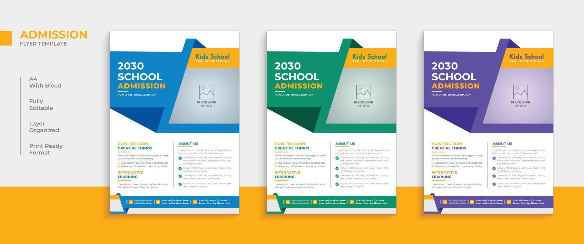 Back to school admission flyer design, educational poster template layout. vector