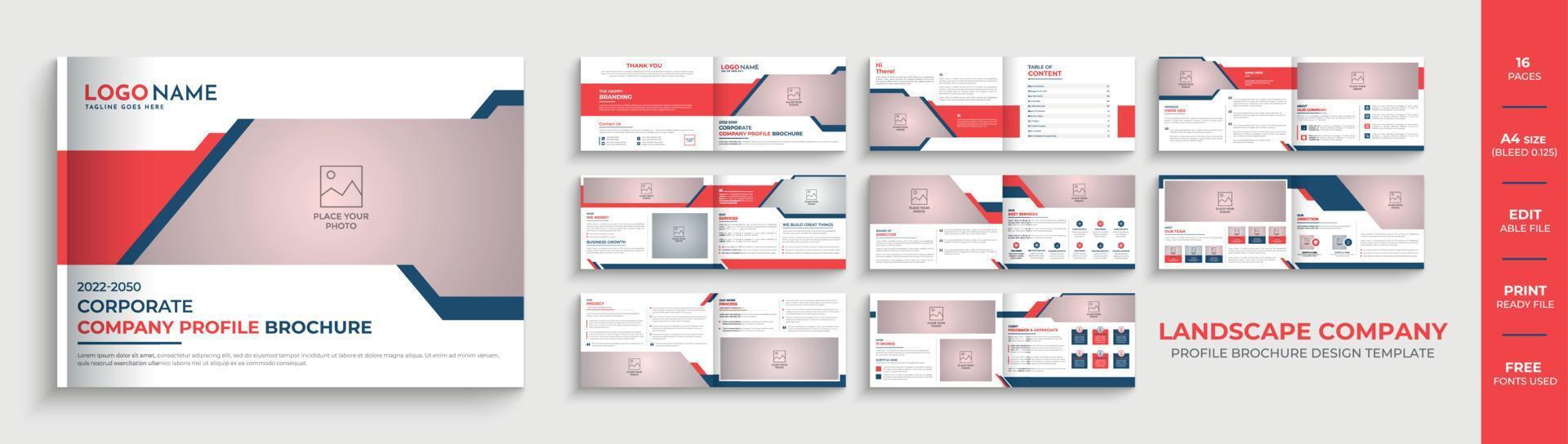 Diseño de folleto de perfil de empresa de paisaje creativo de 16 páginas o diseño de plantilla de folleto corporativo vector