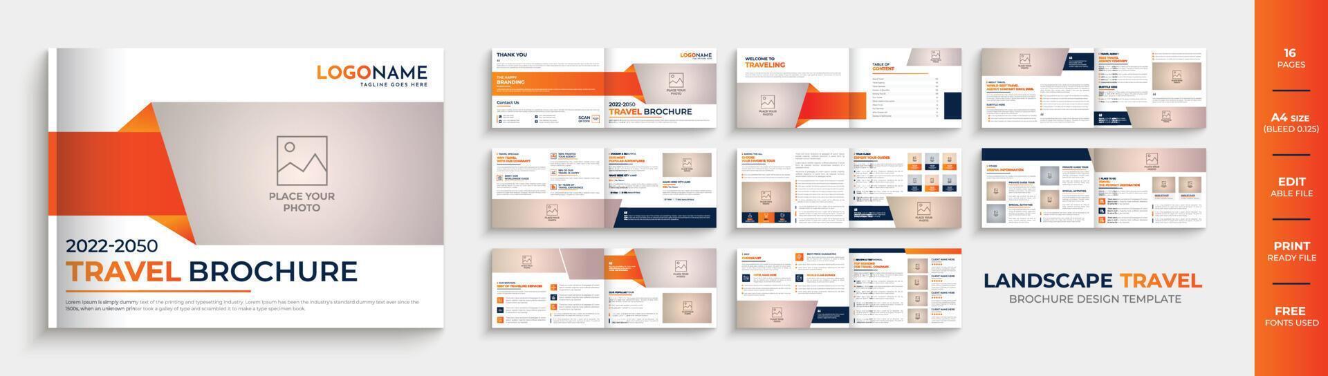 Creative modern multipage landscape travel agency brochure template design or 16 pages company profile brochure vector
