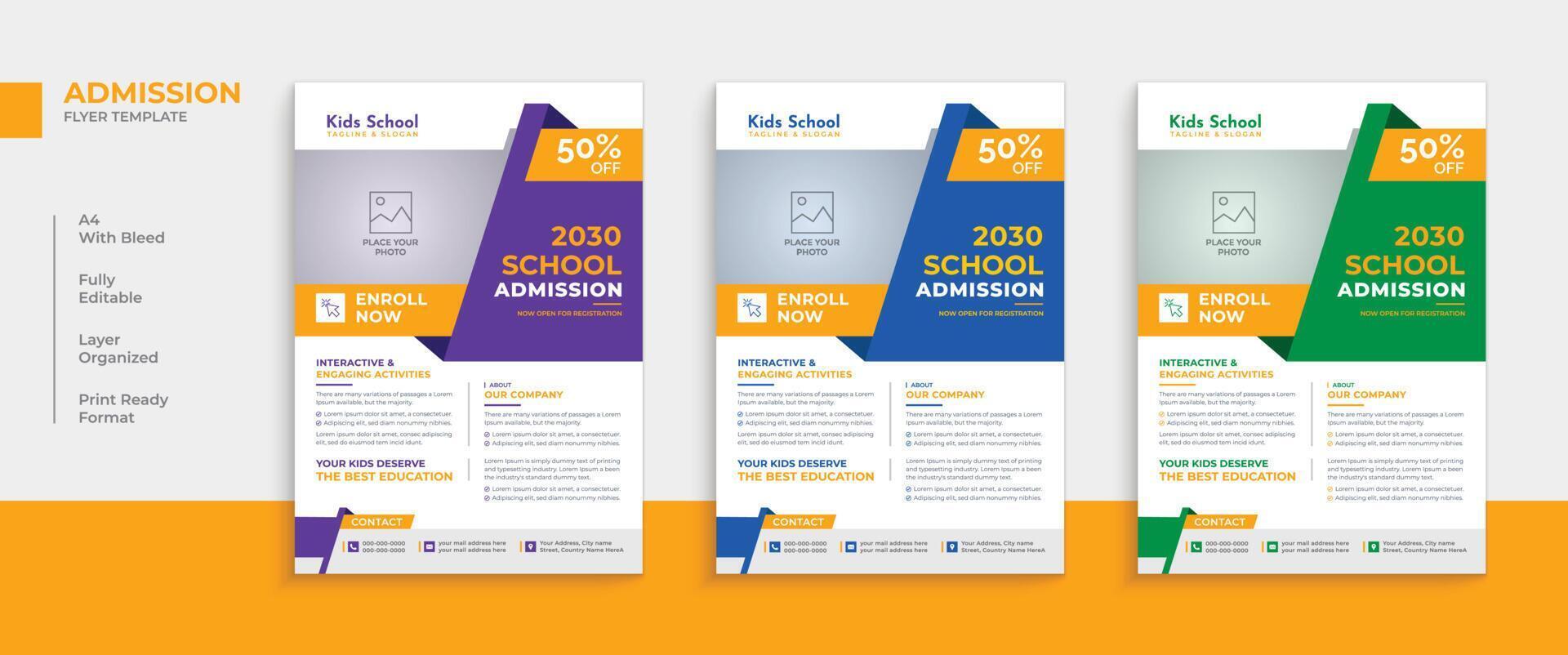 Professional kid's school admission flyer design template layout vector