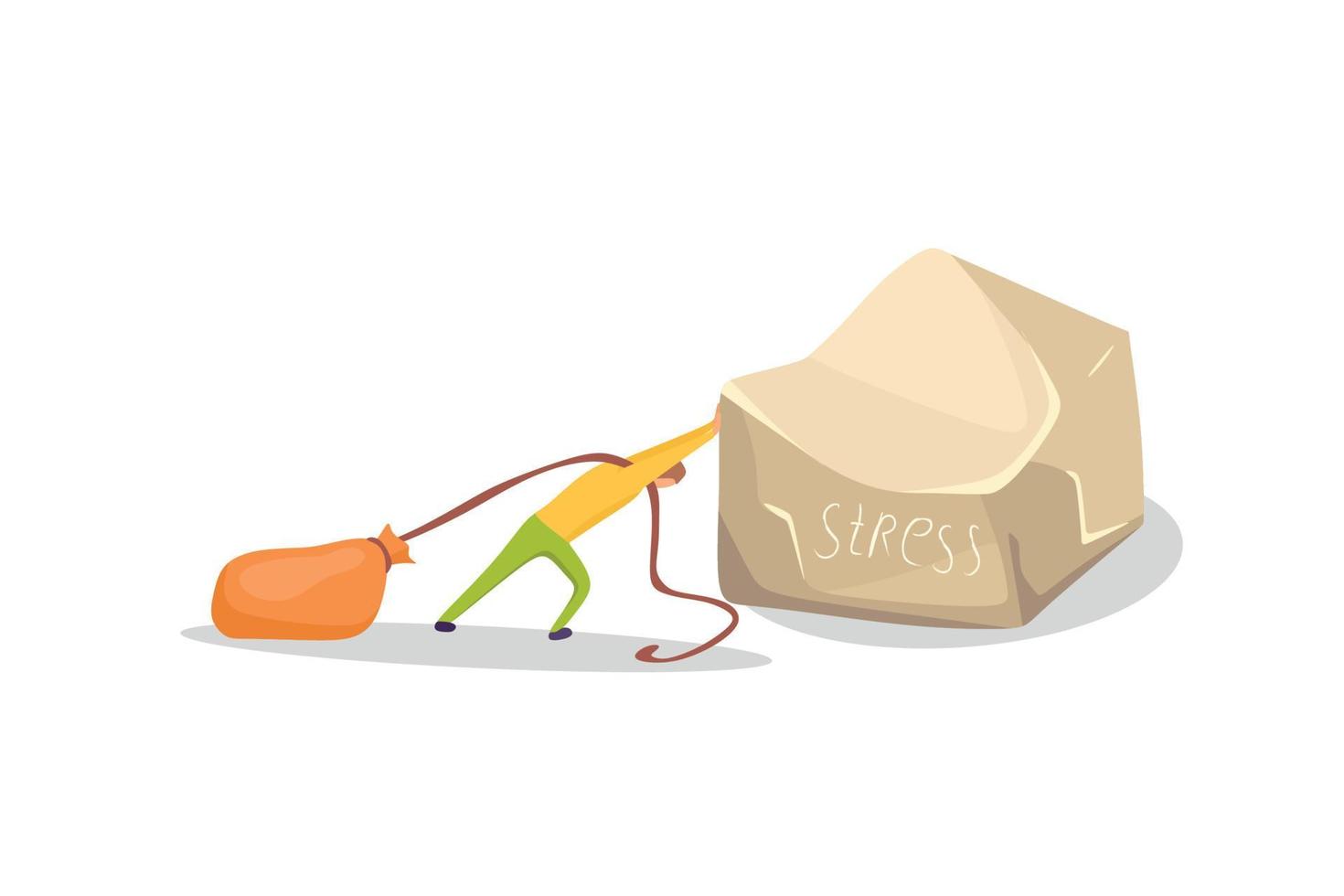Stress in the form of a huge lump that a man is trying to move, and a bag of problems on his shoulders. Vector cartoon illustration.