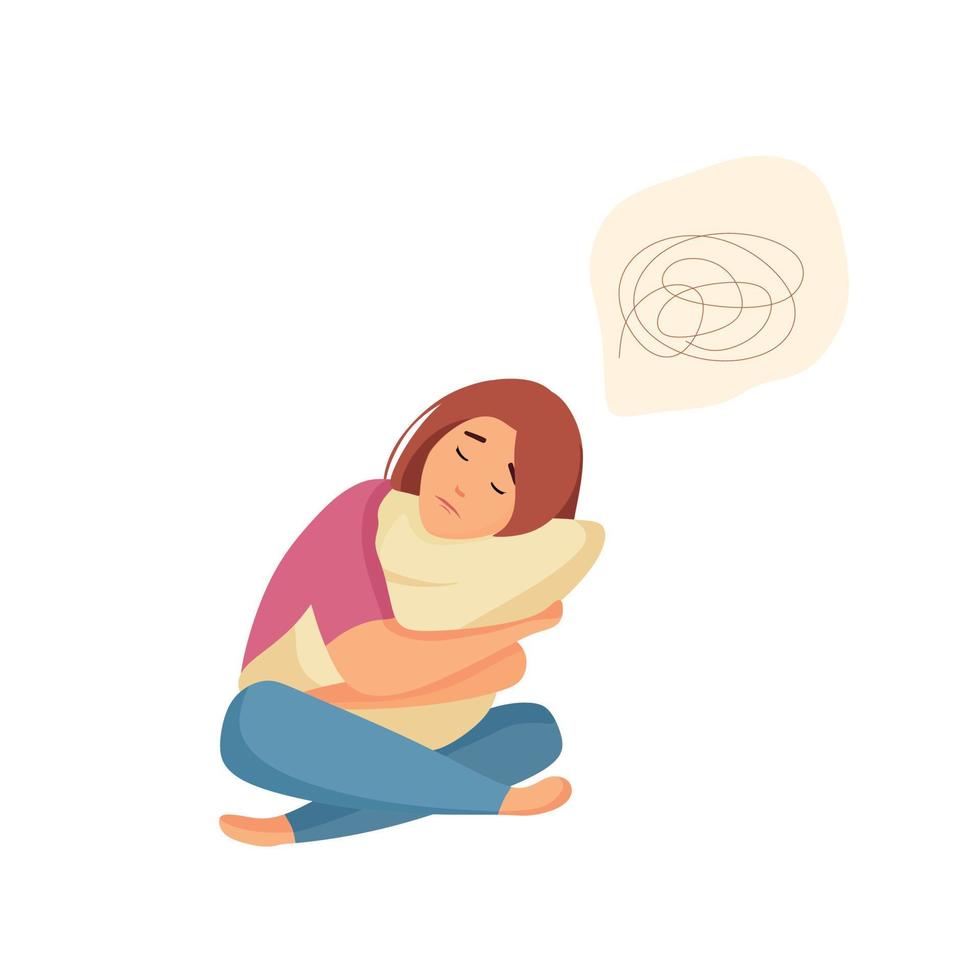Sad girl sitting on the floor with confused thoughts and hugging a pillow. Depressive person with memory problems. Concept of mental disorder or illness. Vector cartoon illustration.