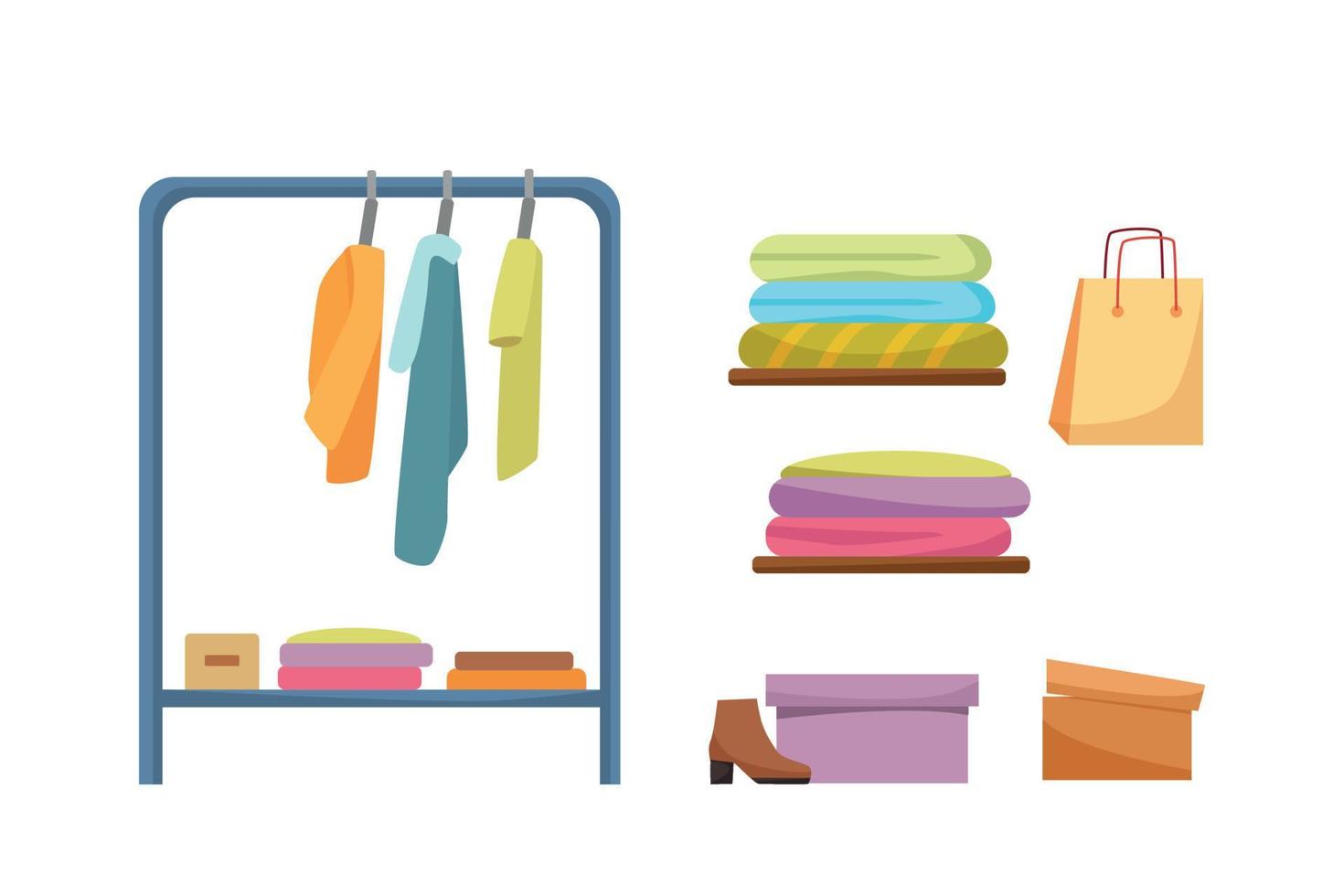 el concepto de comprar ropa. percha y estantes con ropa. dibujos animados de vectores