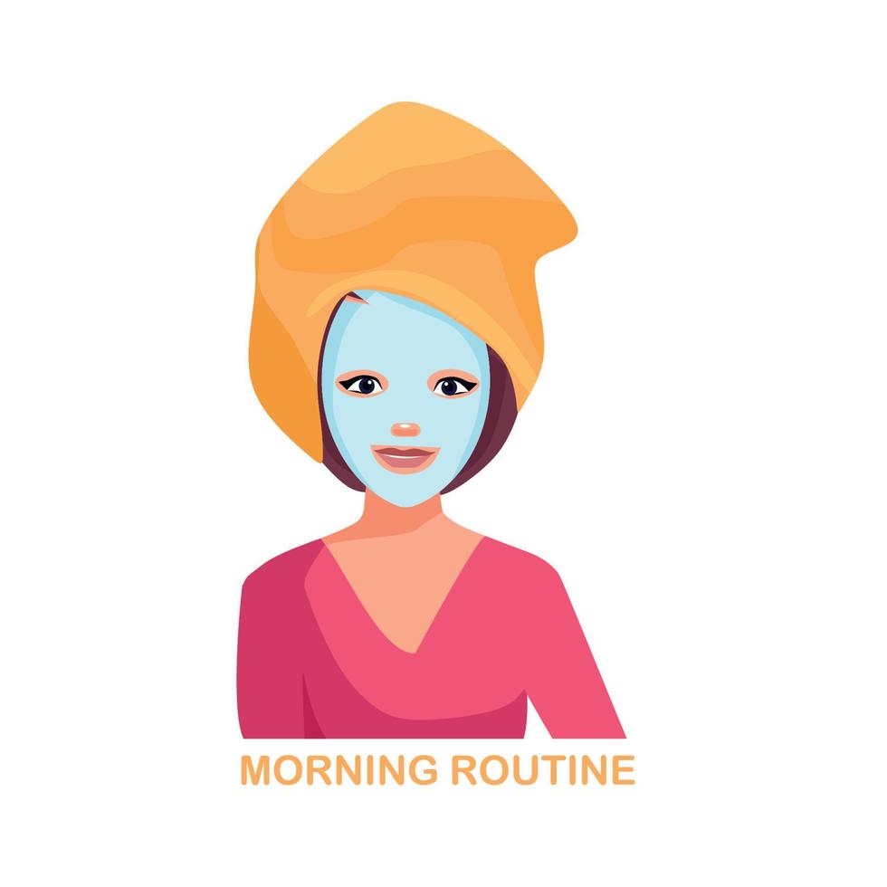 The girl performs morning procedures. There is a mask on the face, the hair is wrapped in a towel. Vector cartoon illustration.