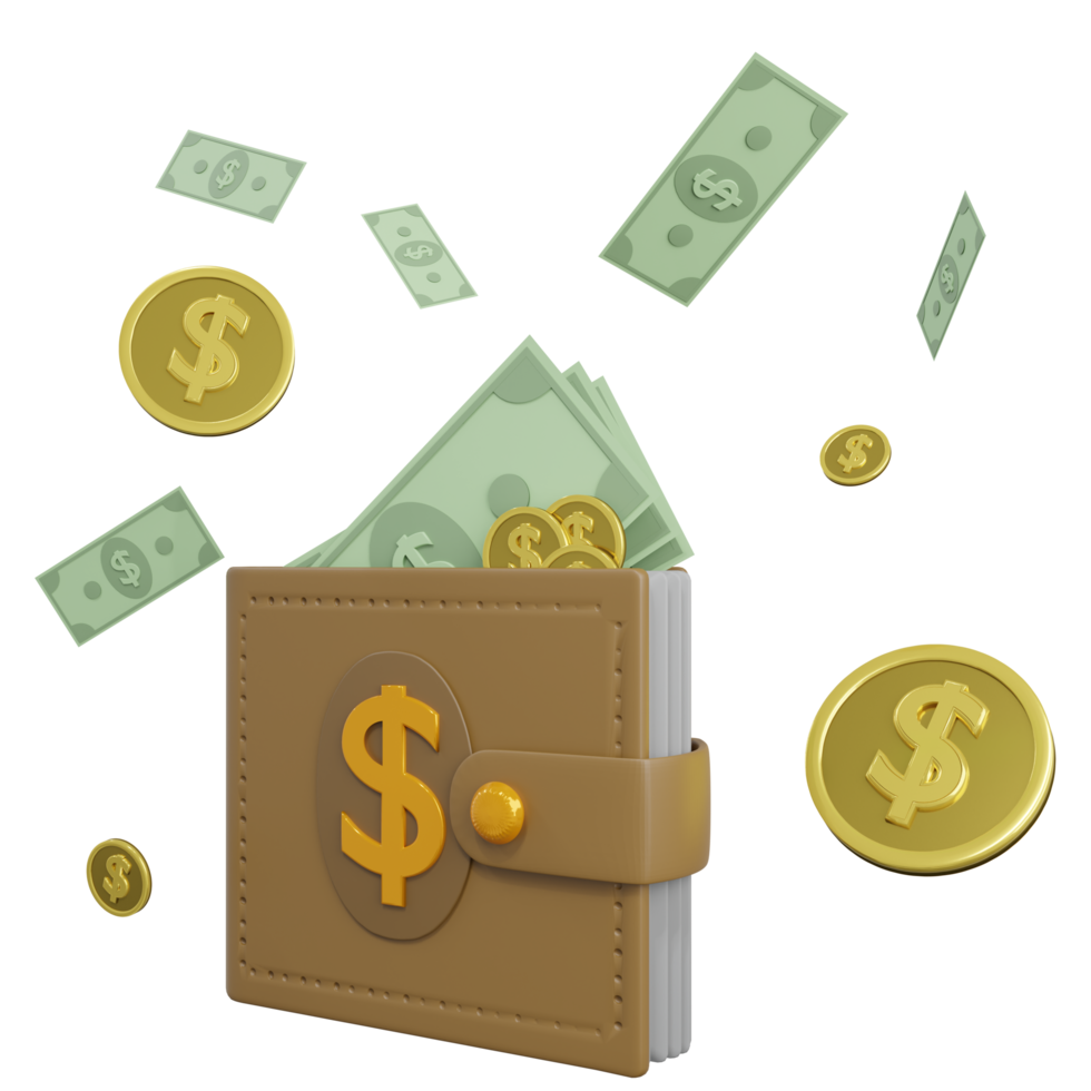 Money flying with money wallet 3d icon rendering png