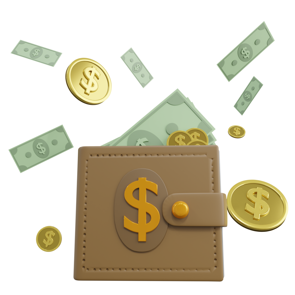 Money flying with money wallet 3d icon rendering png