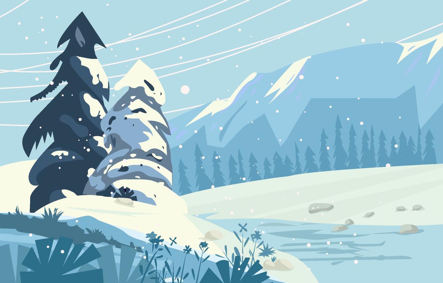 Winter Trees With River Mountain Background vector