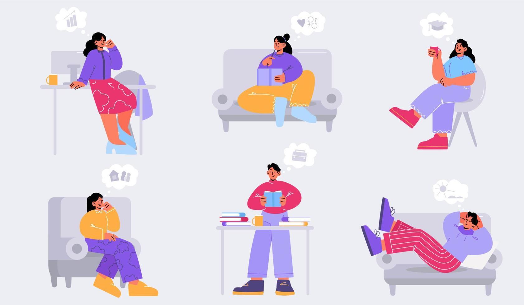 Dreaming people, men and women think and dream vector