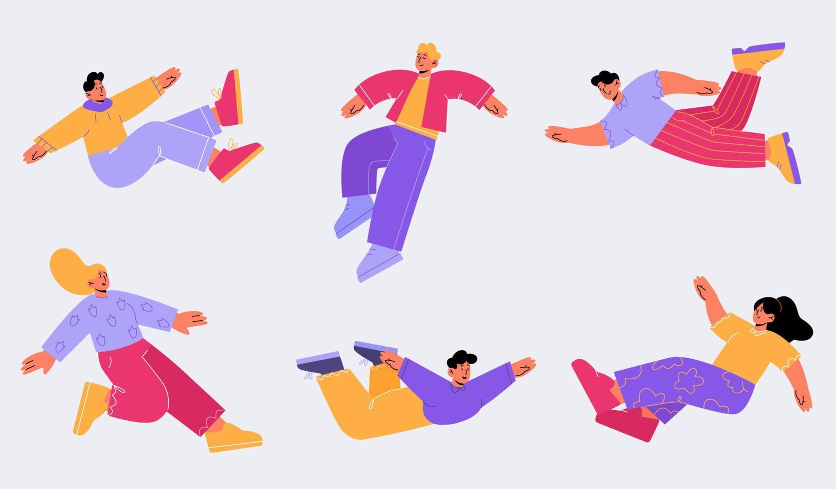 People floating, happy free characters flying set vector