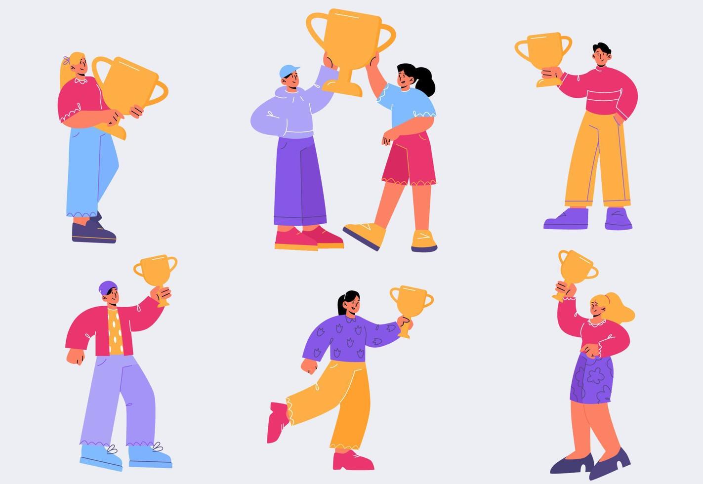 Happy people with trophy cups, winners with goblet vector