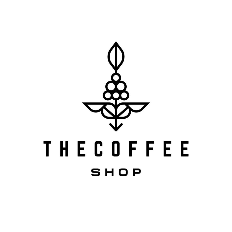 concepto de logotipo de café natural abstracto, vector de logotipo mínimo hipster de rama de planta de grano de café con icono de contorno de línea simple de hoja para concepto de café natural