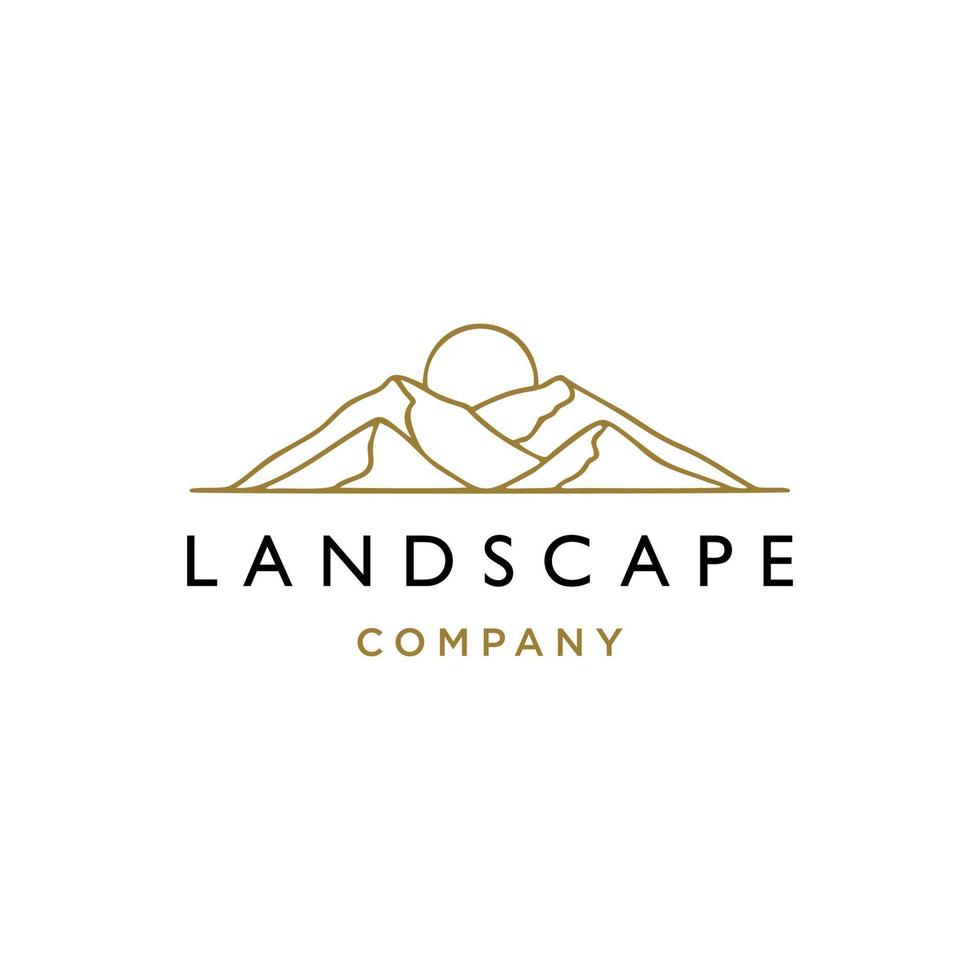 elegant hipster gold sun sunset sunrise with mountain hill logo icon vector in trendy line linear, nature landscape outline logo