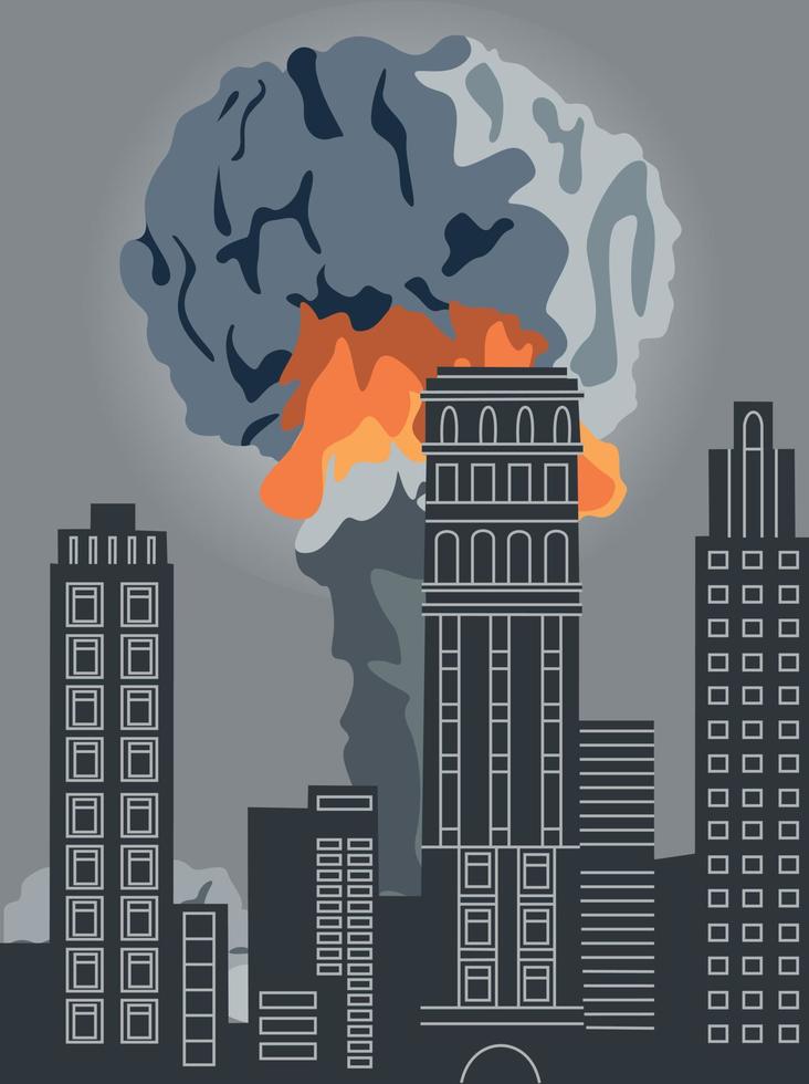 Nuclear explosion. Large mushroom cloud in the city. Atomic bomb, nuclear weapons and global war. radioactive disaster. Vector illustration. Symbol of war, end of the world. Stop nuclear weapons.