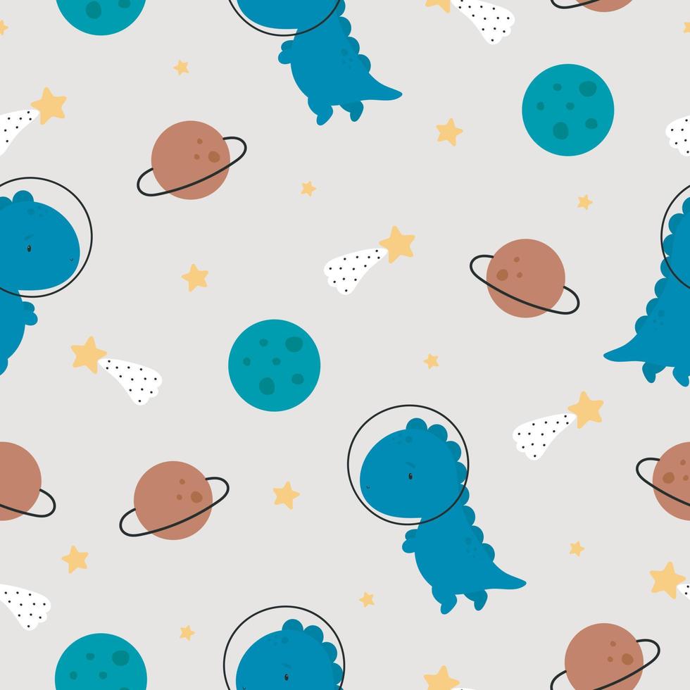 Seamless pattern with cute dinosaurs and planets. Vector illustration in cartoon style. For card, posters, banners, printing on the pack, printing on clothes, fabric, wallpaper.