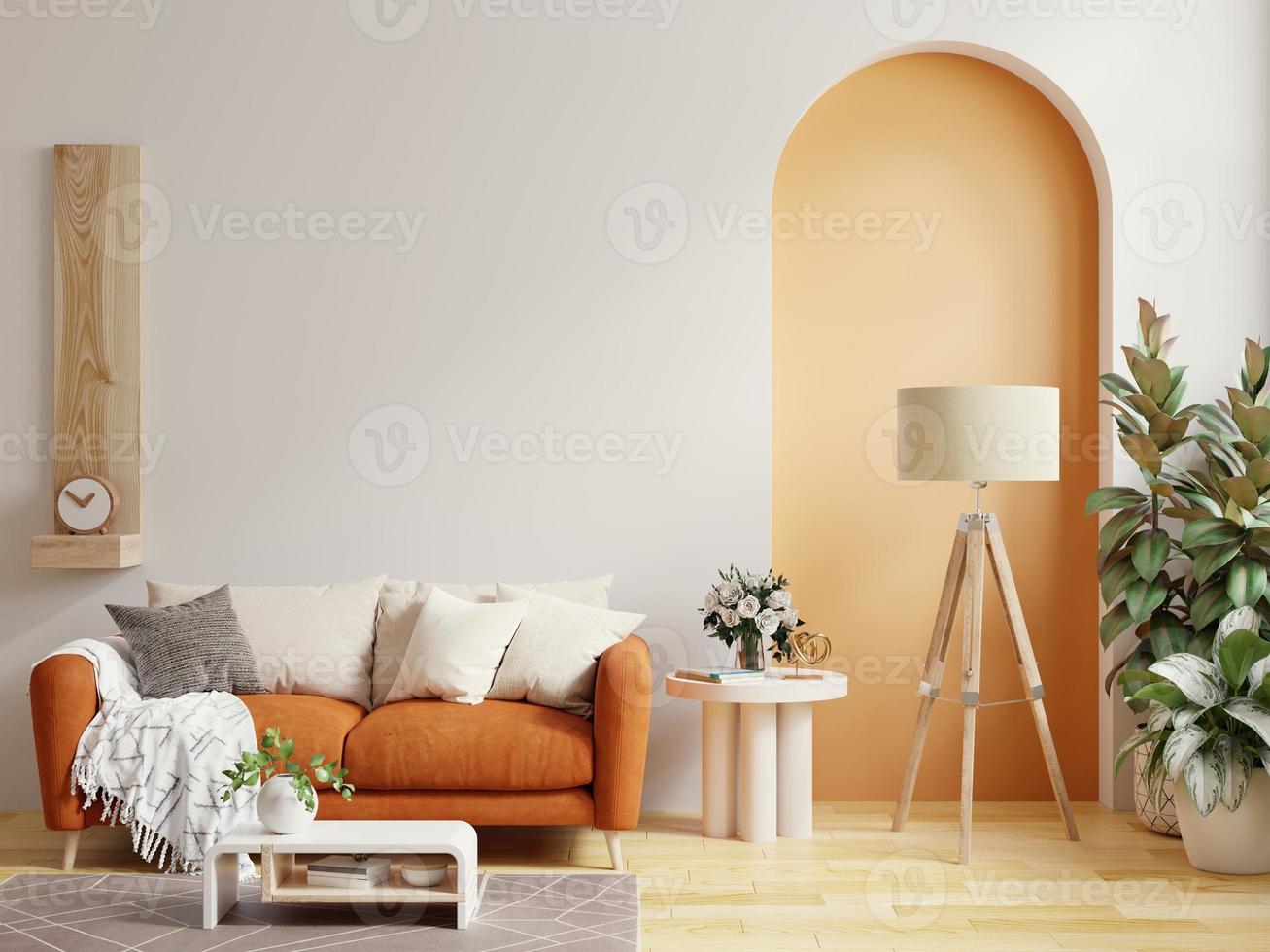 la sala de estar tiene un sofá de cuero naranja y una decoración mínima en una pared de dos tonos. representación de ilustración 3d foto