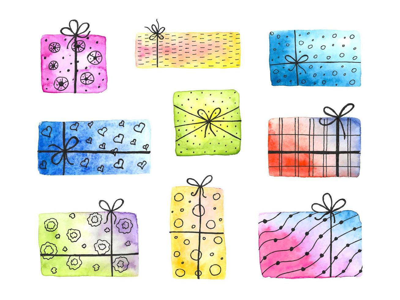 Set of watercolor cute gift boxes. Hand drawn vector illustration of presents for holiday.