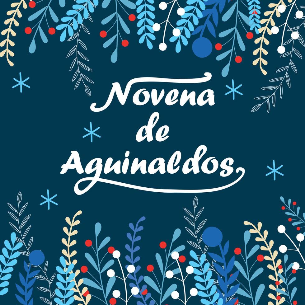 elementos decorativos de invierno sobre fondo azul oscuro con texto. vector