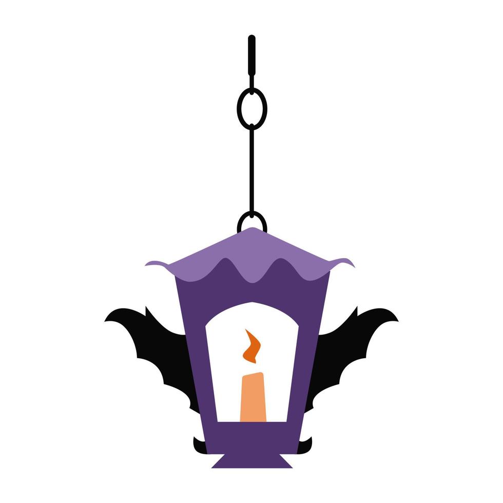 Halloween decorative scary lantern with bat wings and candle inside vector illustration isolated on white.