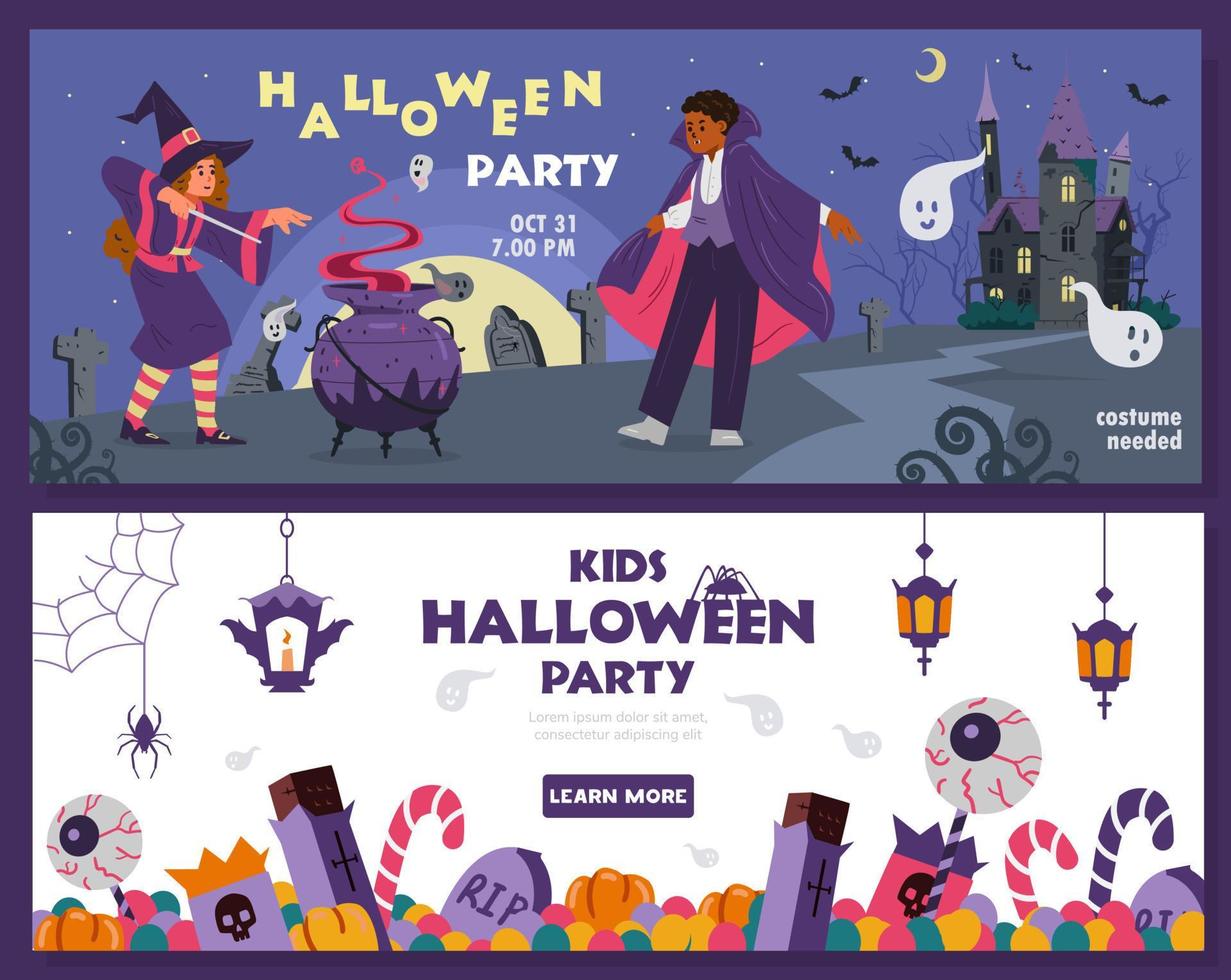 Halloween kids party invitation flyers vector set. Children in costumes, Halloween decorations illustrations.